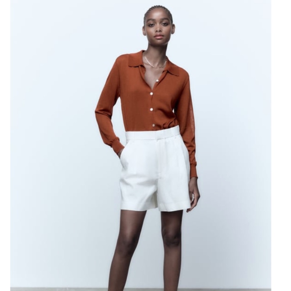 Zara button knit polo top, rust brown